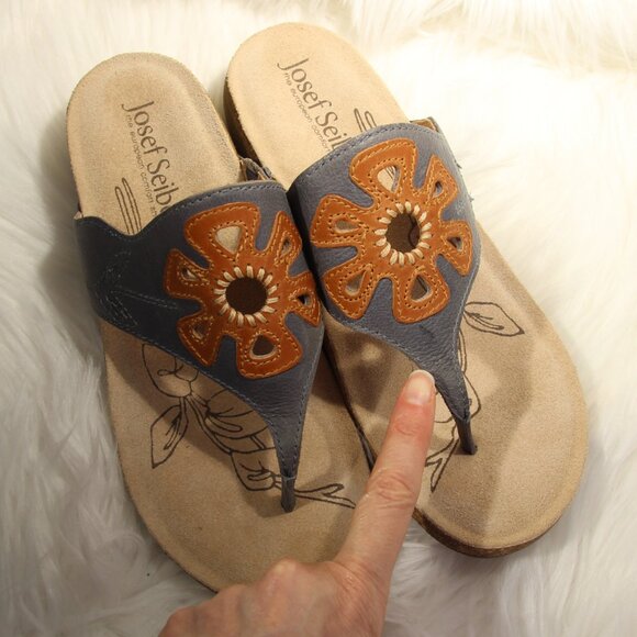 Josef Seibel Women's Leather Thong Sandals EU 37 Gray Floral Style #78809 READ - Picture 15 of 15